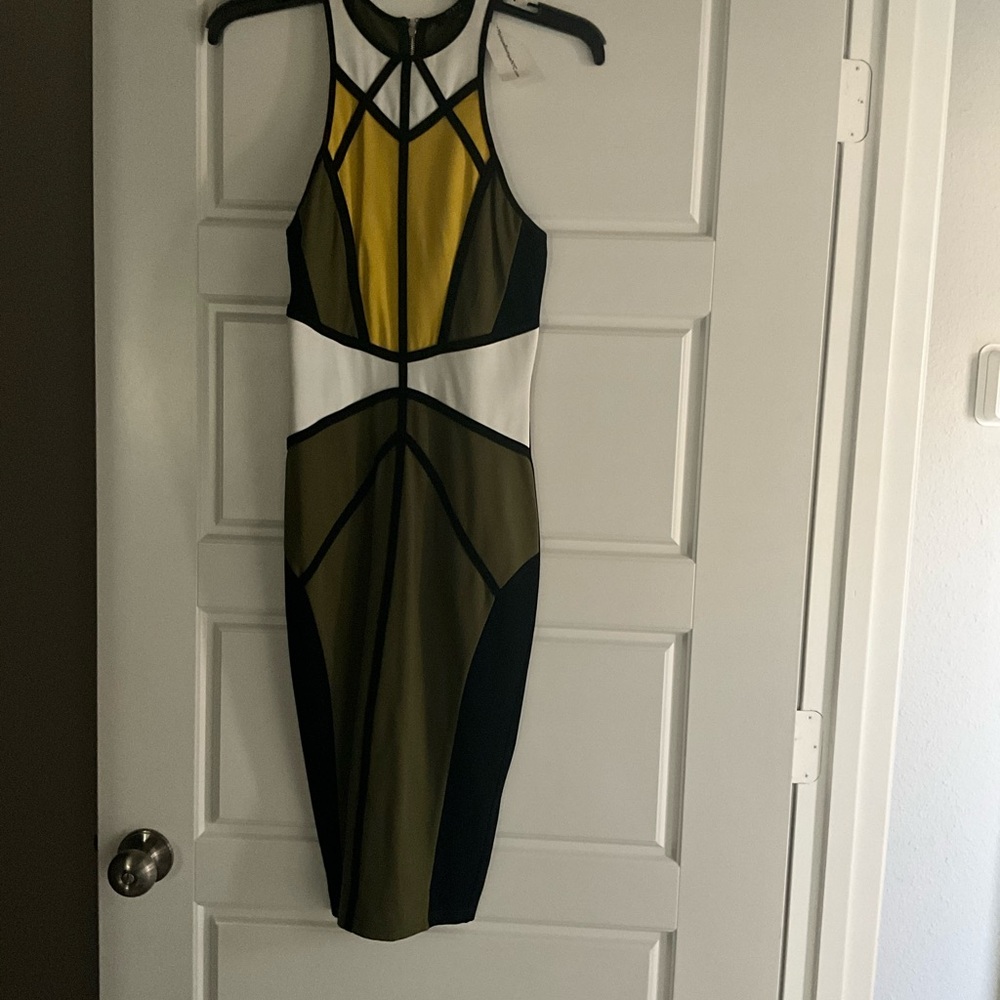 Privy Green and Yellow Sheath Midi Dress Cocktail
